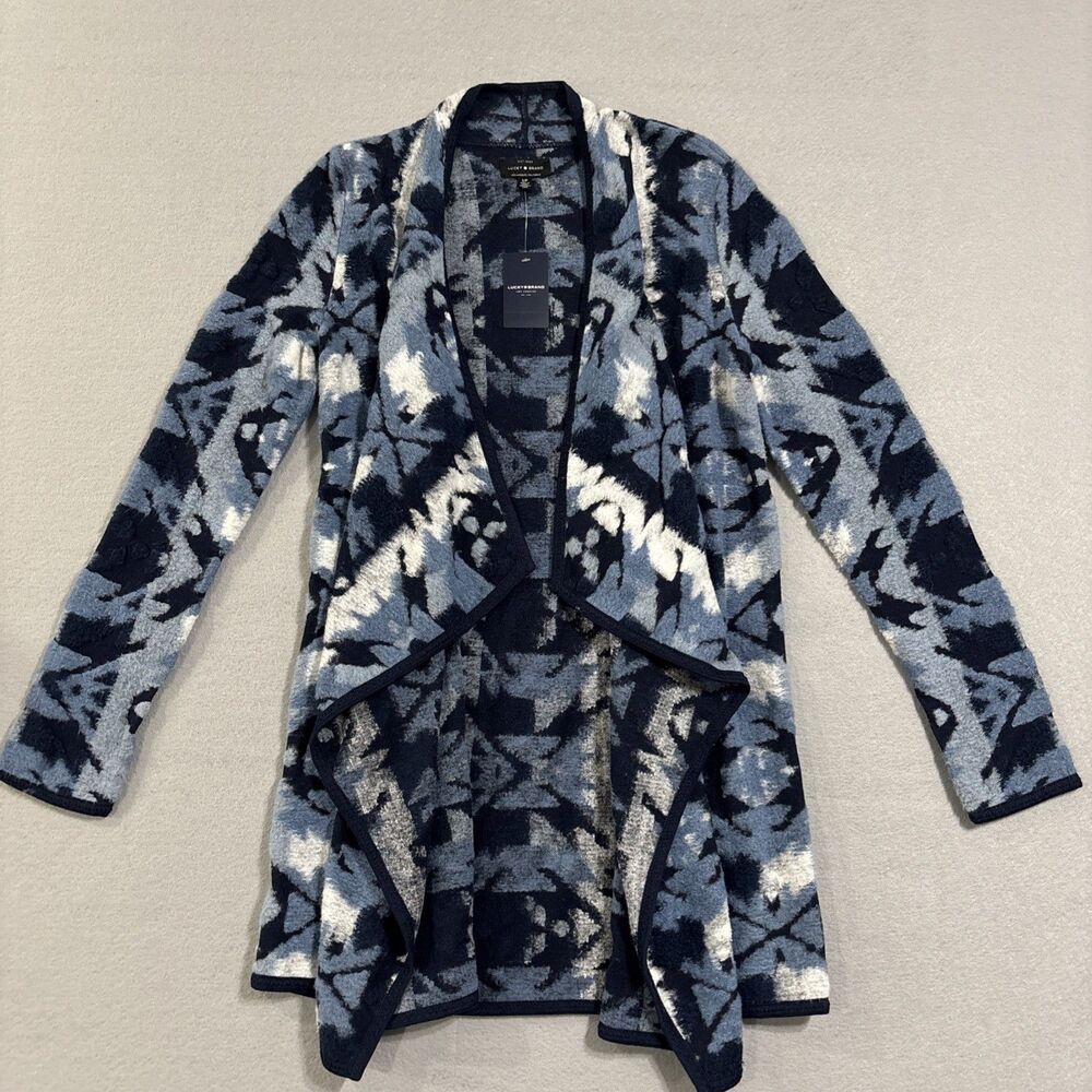 Lucky Brand Sz. SMALL Navy Blue/Lt. Blue/White Open Front Sweater NWT MSRP $129
